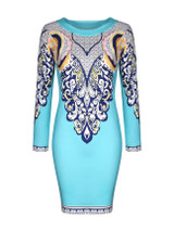 Casual Long Sleeve Round Neck Glamorous Printed Bodycon Dress