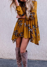 Khaki Floral Cut Out Round Neck Long Sleeve Mini Dress