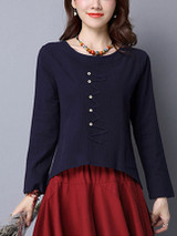 High-Low Decorative Button Plain Round Neck Long Sleeve T-Shirt