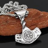 Twist Viking Thor Hammer Vegvisir Stainless Steel Pendant 24" Silver Necklace Unisex