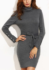 Grey Plain Studded Belt Long Sleeve Mini Dress