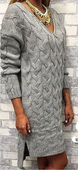 Grey Plain Plunging Neckline Long Sleeve Mini Dress