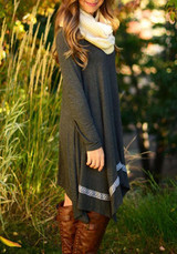 Grey Plain Irregular Collarless Long Sleeve Casual Spandex Mini Dress