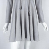 Grey Plain Drawstring Pleated V-neck Long Sleeve Mini Dress