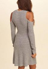 Grey Plain Cut Out Round Neck Long Sleeve Mini Dress
