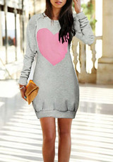 Grey Love Print Round Neck Long Sleeve Mini Dress