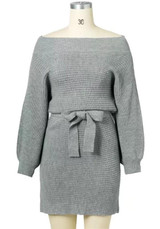 Grey Drawstring Boat Neck Long Sleeve Fashion Mini Dress