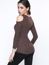 Casual Designed Solid Lace-Up Open Shoulder Long Sleeve T-Shirt