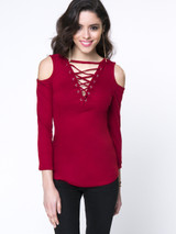 Casual Designed Solid Lace-Up Open Shoulder Long Sleeve T-Shirt