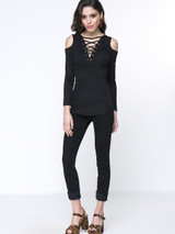 Casual Designed Solid Lace-Up Open Shoulder Long Sleeve T-Shirt