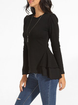 Casual Crew Neck Plain Cotton Long Sleeve T-shirt
