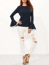Casual Crew Neck Contrast Trim Bell Long Sleeve T-Shirt