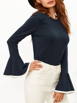 Casual Crew Neck Contrast Trim Bell Long Sleeve T-Shirt