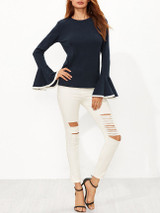 Casual Crew Neck Contrast Trim Bell Long Sleeve T-Shirt