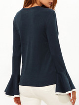 Casual Crew Neck Contrast Trim Bell Long Sleeve T-Shirt
