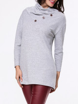 Casual Cowl Neck Decorative Button Plain Sweater