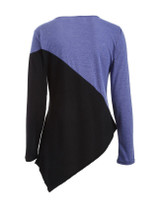 Casual Color Block Asymmetric Hem Round Neck Long Sleeve T-Shirt