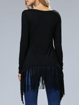 Casual Deep V-Neck Fringe Plain Long Sleeve T-Shirt Casual Deep V-Neck Fringe Plain Long Sleeve T-Shirt