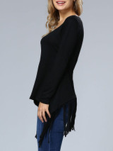 Casual Deep V-Neck Fringe Plain Long Sleeve T-Shirt