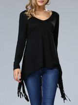 Casual Deep V-Neck Fringe Plain Long Sleeve T-Shirt
