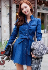 Casual Blue Plain Pleated Belt Single Breasted Turndown Collar Long Sleeve Denim Dress