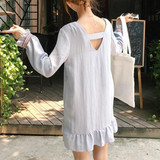 Casual Blue Floral Embroidery Ruffle V-neck Long Sleeve Mini Dress