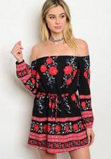 Casual Black-Red Floral Drawstring Off Shoulder Long Sleeve Mini Dress