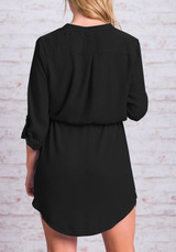 Casual Black Plain Irregular Drawstring V-neck Long Sleeve Casual Mini Dress
