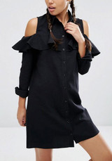 Casual Black Irregular Ruffle Buttons Turndown Collar Long Sleeve Casual Mini Dress