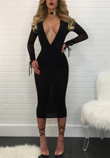 Casual Black Grenadine Lace-up Deep V-neck Long Sleeve Prom Evening Party Maxi Dress