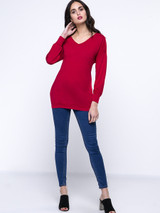 Casual Basic V-Neck Solid Long Sleeve T-Shirt