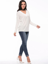 Casual Basic Designed Deep V-Neck Plain Long Sleeve T-Shirt Casual Basic Designed Deep V-Neck Plain Long Sleeve T-Shirt