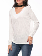 Casual Basic Designed Deep V-Neck Plain Long Sleeve T-Shirt Casual Basic Designed Deep V-Neck Plain Long Sleeve T-Shirt