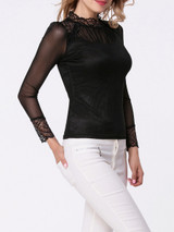 Casual Band Collar Patchwork See-Through Plain Long Sleeve T-Shirt
