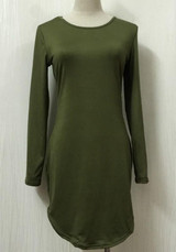 Casual Army Green Plain Irregular Round Neck Long Sleeve Mini Dress