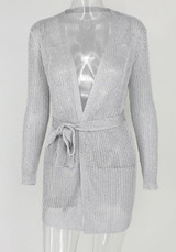 Silver Sashes Plunging Neckline Long Sleeve Cardigan Mini Dress
