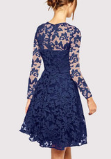 Sapphire Blue Patchwork Lace Draped Long Sleeve Fashion Midi Dress