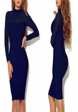 Sapphire Blue Patchwork Grenadine Prom Evening Party Bodycon Long Sleeve Midi Dress