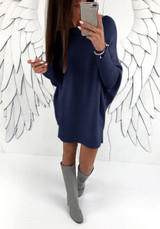 Sapphire Blue Draped Irregular Round Neck Long Sleeve Mini Dress
