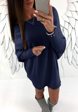 Sapphire Blue Draped Irregular Round Neck Long Sleeve Mini Dress