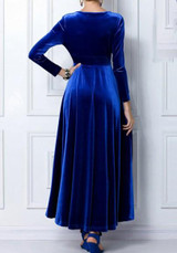 Royal Blue Plain V-neck Long Sleeve High Waisted Elegant Vintage Maxi Dress