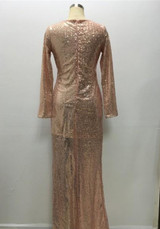 Rose Gold Plain Sequin V-neck Knot Elegant Long Sleeve Maxi Dress
