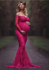 Rose Carmine Patchwork Lace Off Shoulder Mermaid Maternity Long Sleeve Maxi Dress