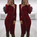 Red Zipper Cut Out Long Sleeve Fashion Midi Dress