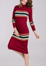 Red Striped Irregular Round Neck Long Sleeve Midi Dress