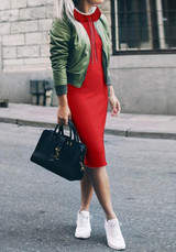 Red Pockets Drawstring High Neck Long Sleeve Fashion Midi Dress