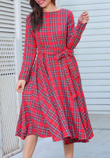Red Plaid Belt Draped Round Neck Long Sleeve Vintage Midi Dress
