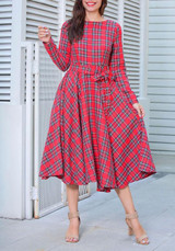 Red Plaid Belt Draped Round Neck Long Sleeve Vintage Midi Dress