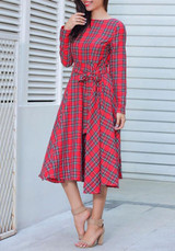Red Plaid Belt Draped Round Neck Long Sleeve Vintage Midi Dress