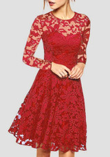 Red Patchwork Lace Round Neck Long Sleeve Prom Evening Party Midi Dress